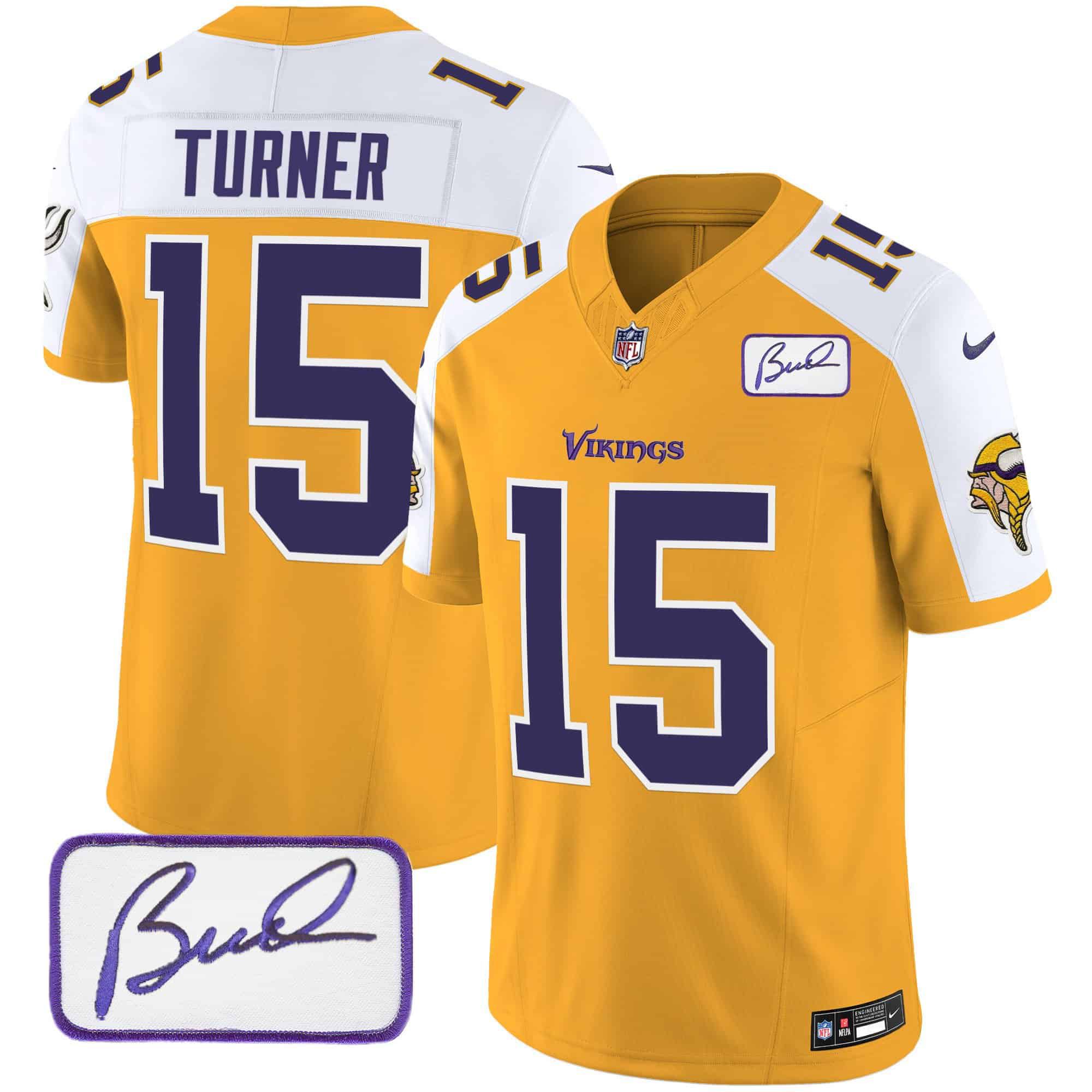 Men Minnesota Vikings #15 Turner Yellow 2024 Nike Bud Grant Patch Classic Limited NFL Jersey